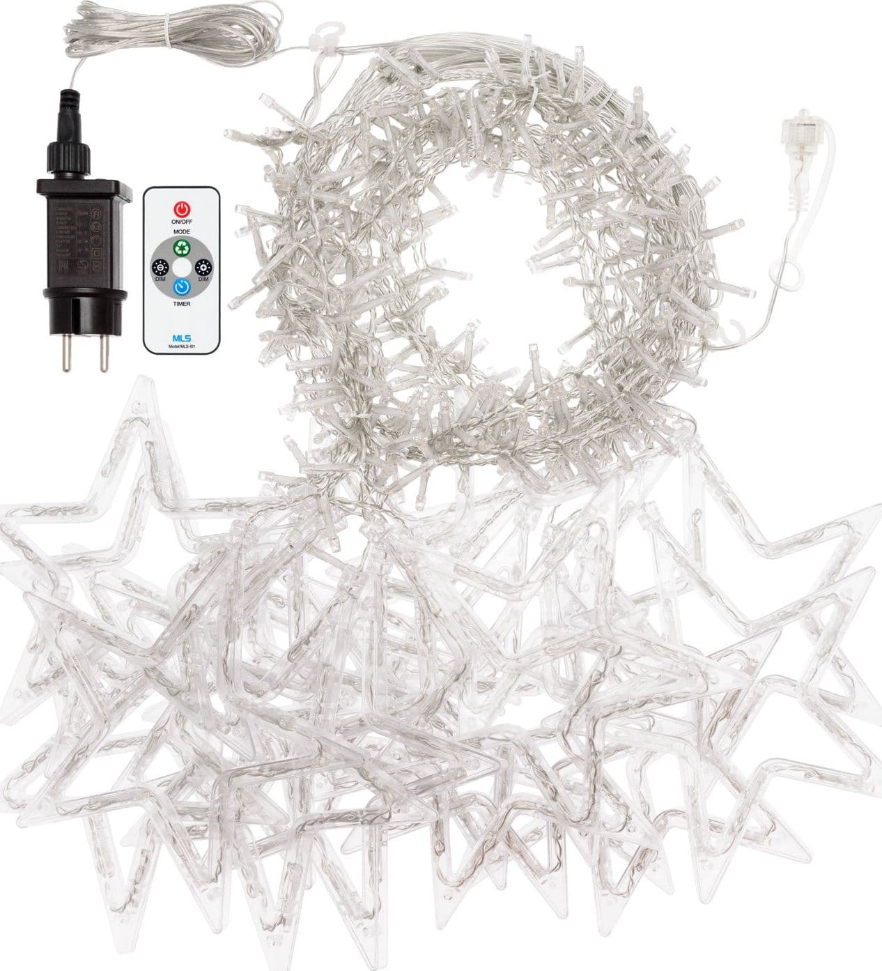 Cascata stalattite decorata con stelle luminose 620 Led luce bianco caldo cavo trasparente 500xH105cm - 6