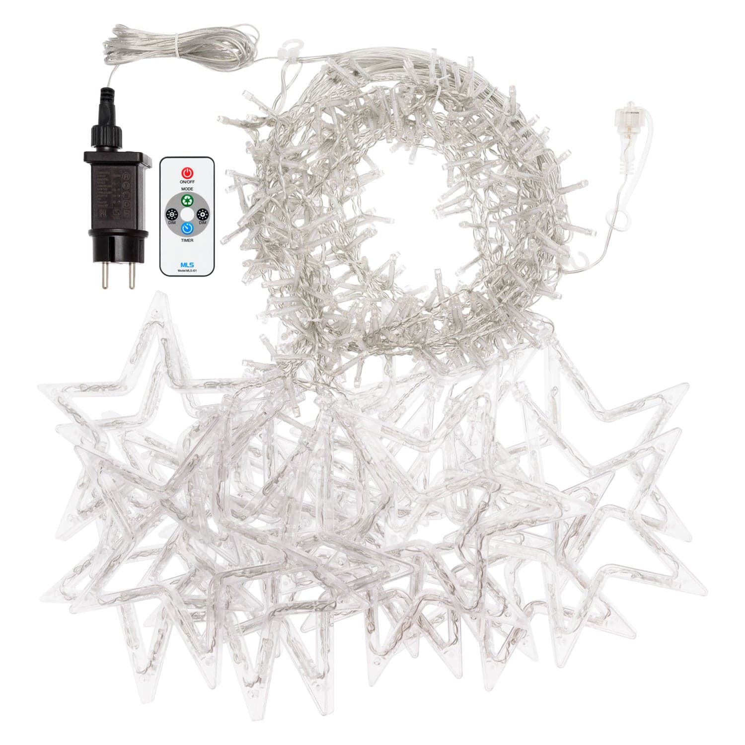 Cascata stalattite decorata con stelle luminose 620 Led luce bianco caldo cavo trasparente 500xH105cm - 6