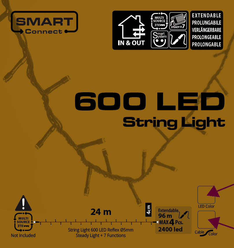 Catena lineare natalizia Smart Connect Plus da Ø 5 mm con 8 giochi di luce 24 mt 600 led - 10