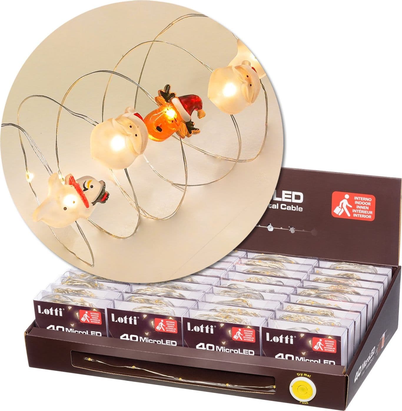 Catena lineare con decorazione Babbo, Renna e Pupazzo con microled per interno ed esterno Ø1,5 mm - 3