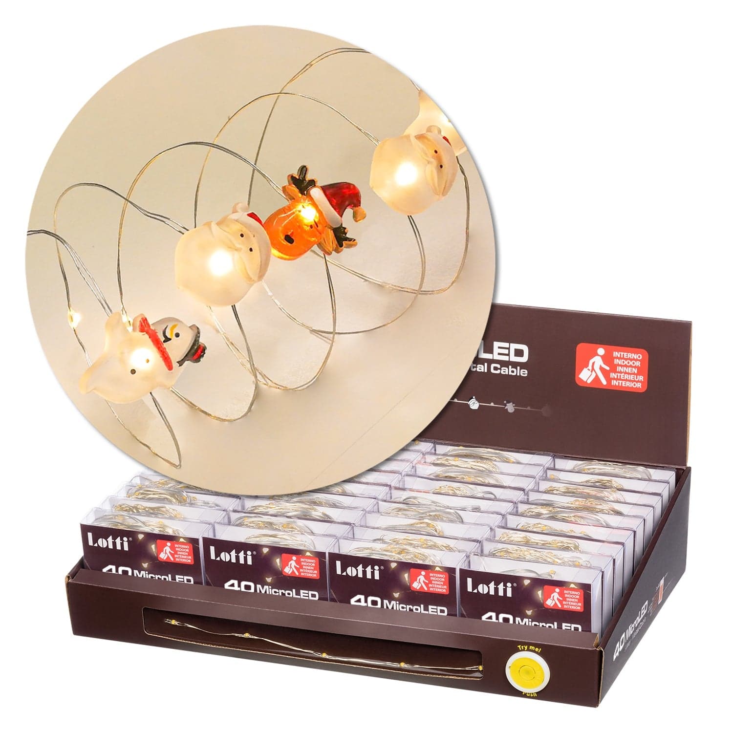 Catena lineare con decorazione Babbo, Renna e Pupazzo con microled per interno ed esterno Ø1,5 mm - 3