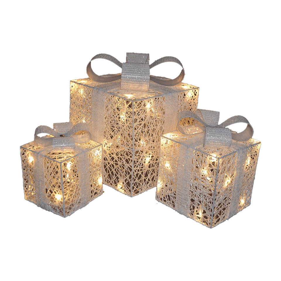 Pacchi regalo natalizi con LED luminosi, decorazione in rattan, set da 3 pezzi - 2