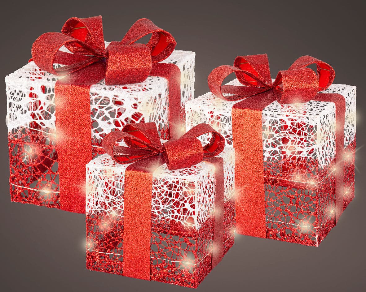 Set 3 pacchi regalo in resina luminoso color rosso e bianco per uso interno ed esterno - 2