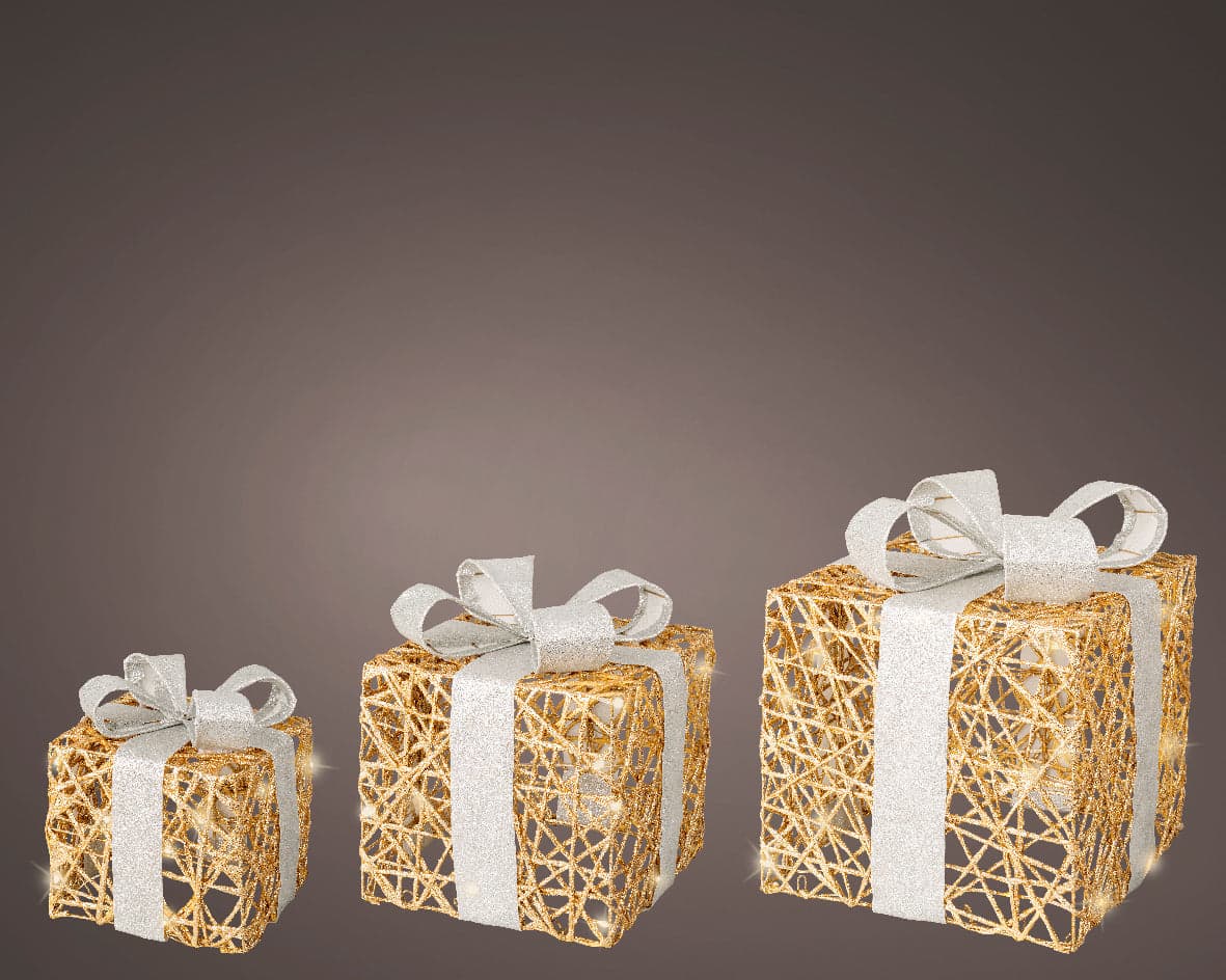 Set 3 pacchi regalo in resina luminoso color oro e bianco per uso interno ed esterno - 2