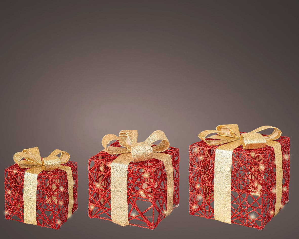 Set 3 pacchi regalo in resina luminoso color oro e rosso per uso interno ed esterno - 2