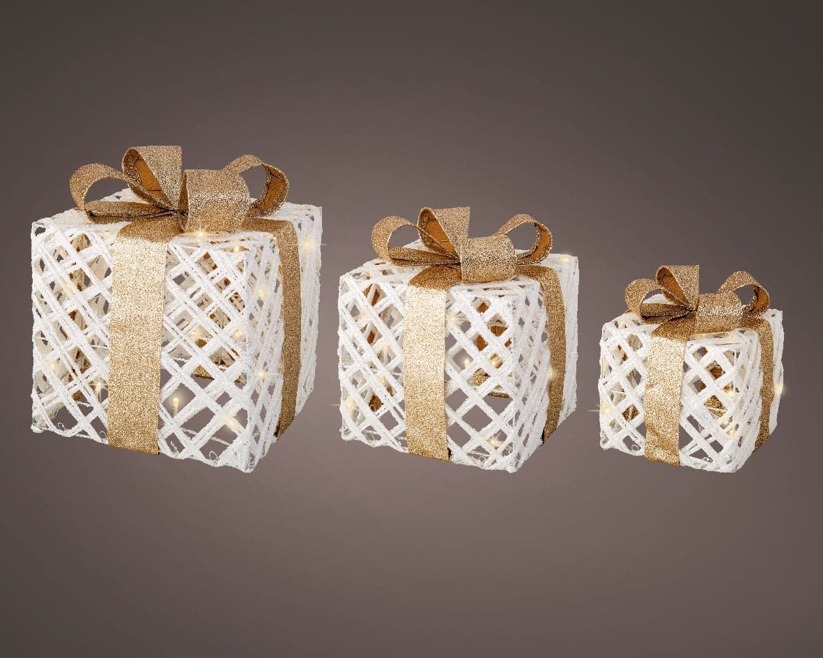 Set 3 pacchi regalo in resina luminoso color bianco e oro per uso interno ed esterno - 5
