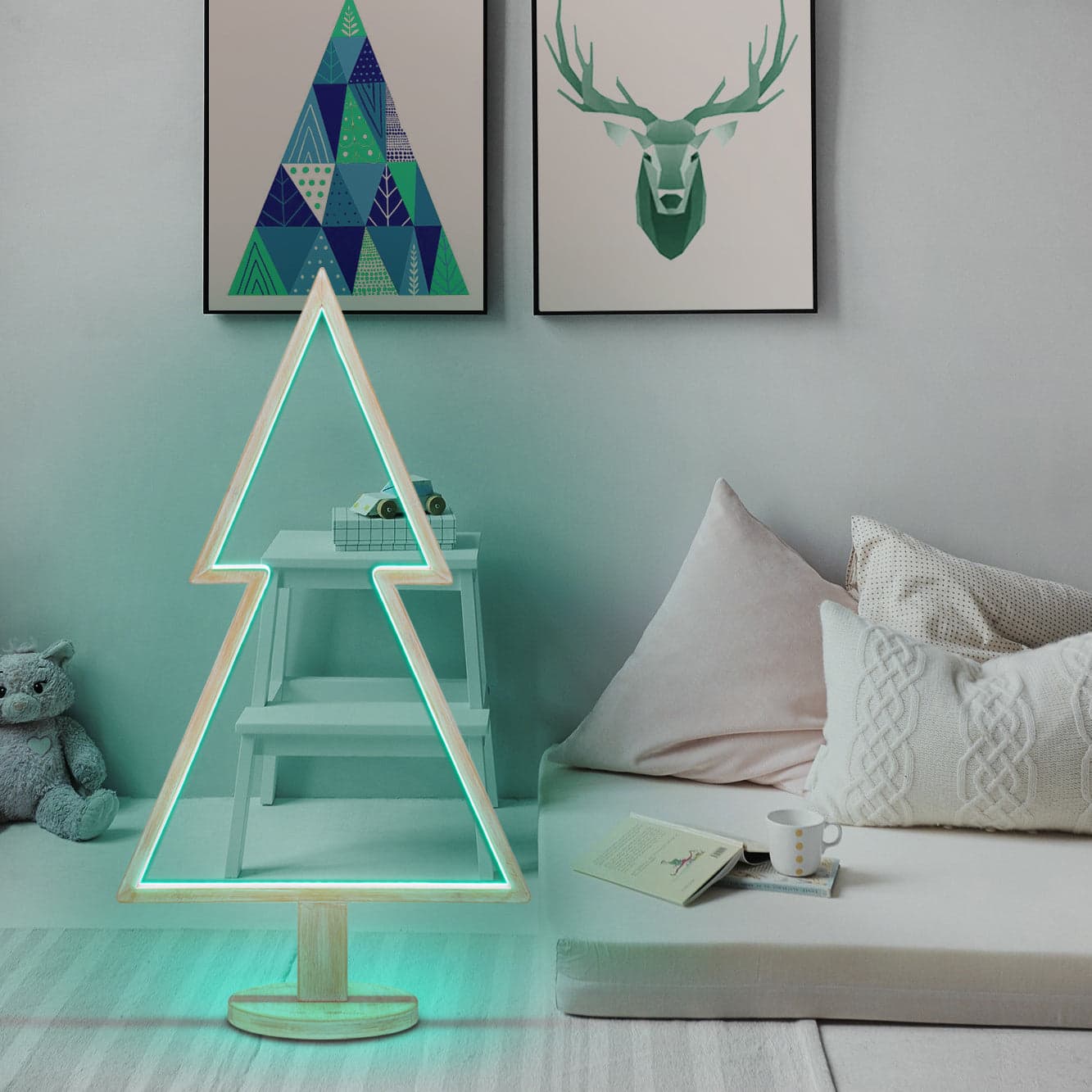 Abete triangolare luminoso con led multicolor e base in legno decorazione natalizia - 16