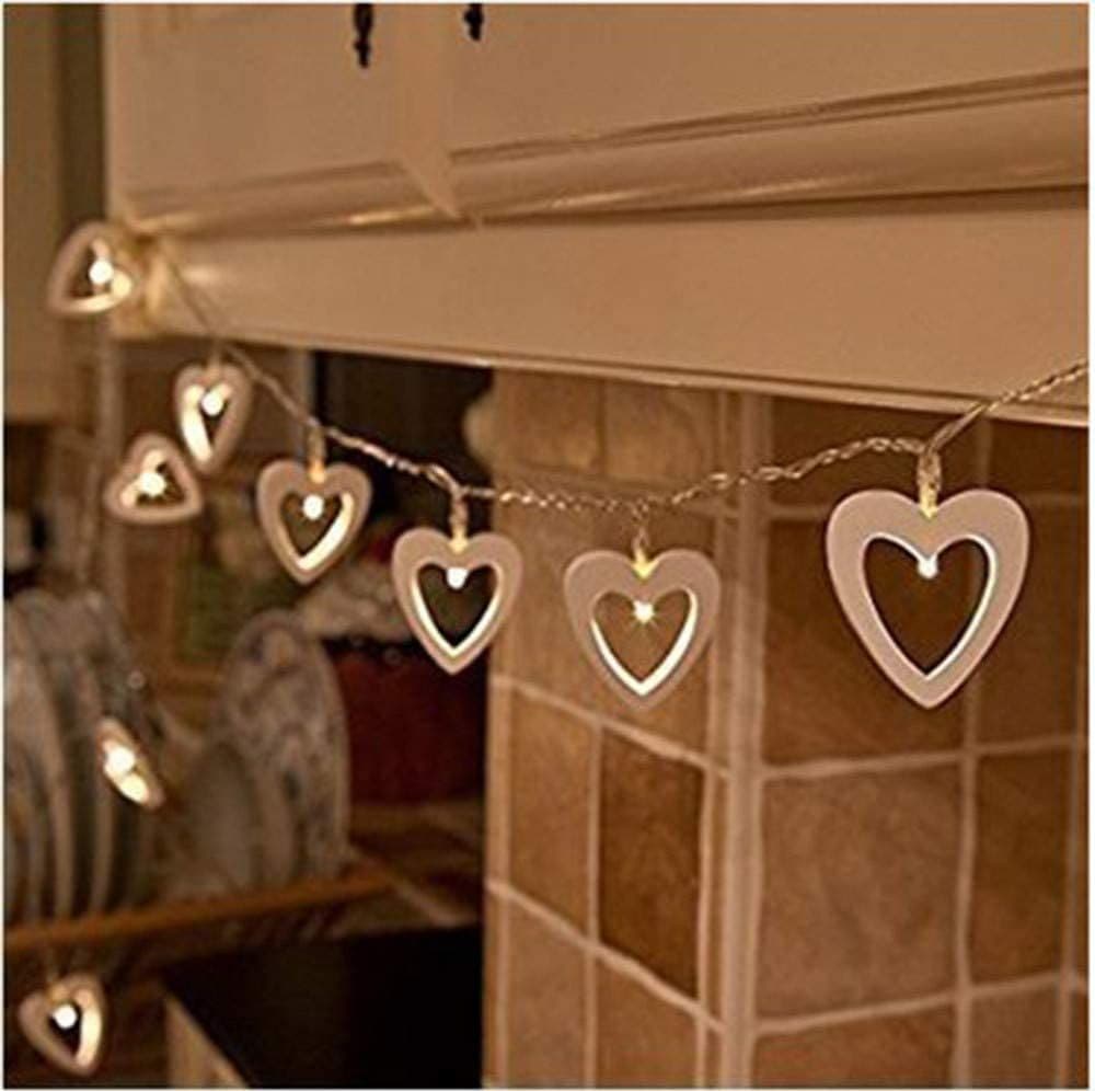 Catena luminosa a Led con 10 cuori in legno bianco per decorazioni natalizie - 5