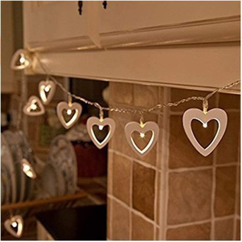 Catena luminosa a Led con 10 cuori in legno bianco per decorazioni natalizie - 5