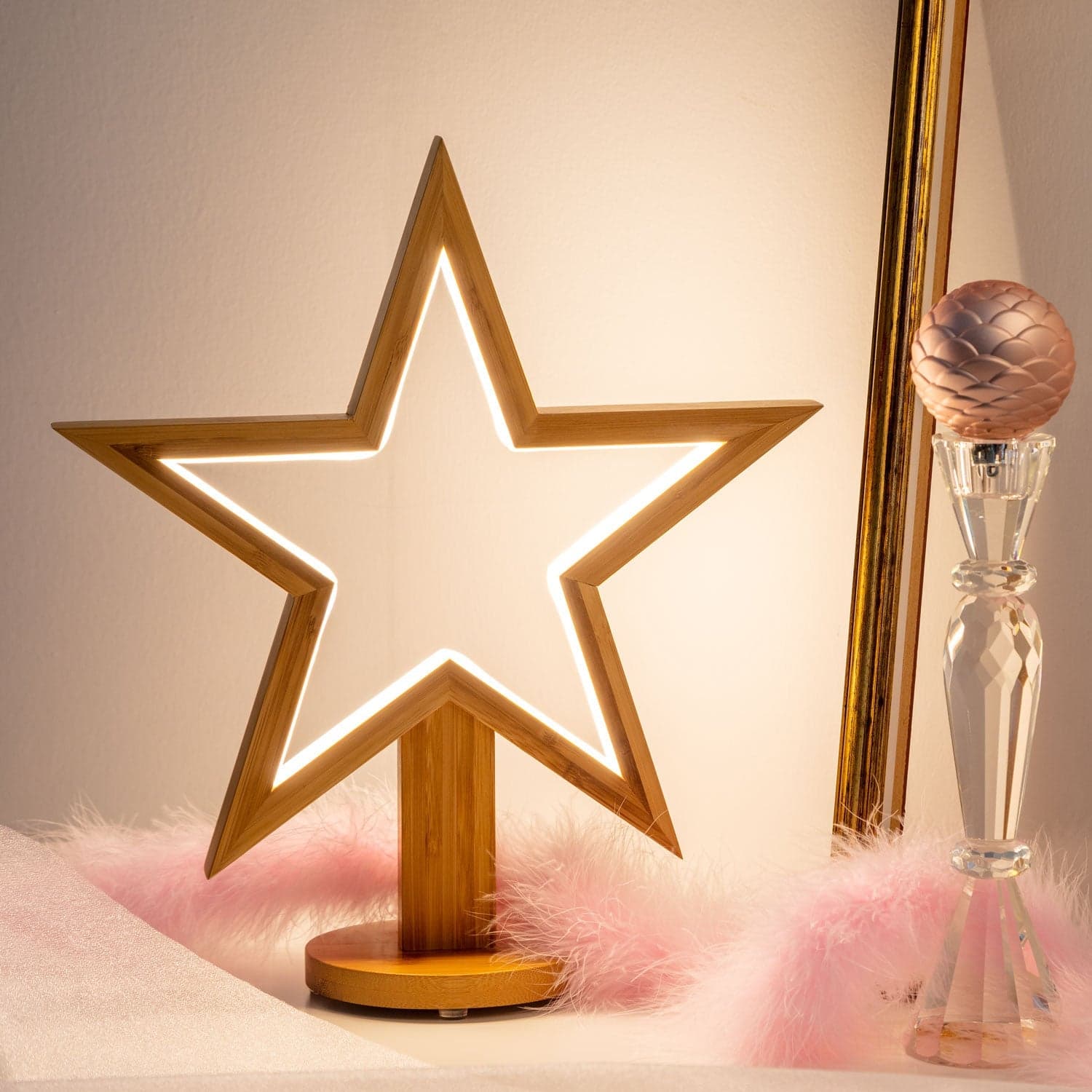 Stella luminosa a led luce bianco caldo con base in legno naturale decorazione natalizia - 8
