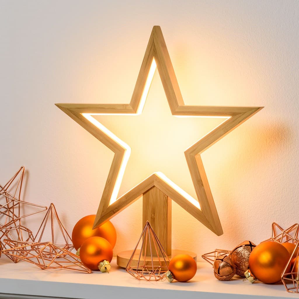 Stella luminosa a led luce bianco caldo con base in legno naturale decorazione natalizia - 9