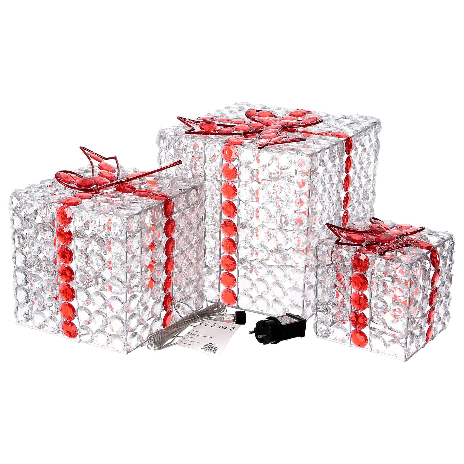Set 3 pacchi regalo in resina luminoso color ghiaccio e rosso con diamanti uso interno ed esterno - 2