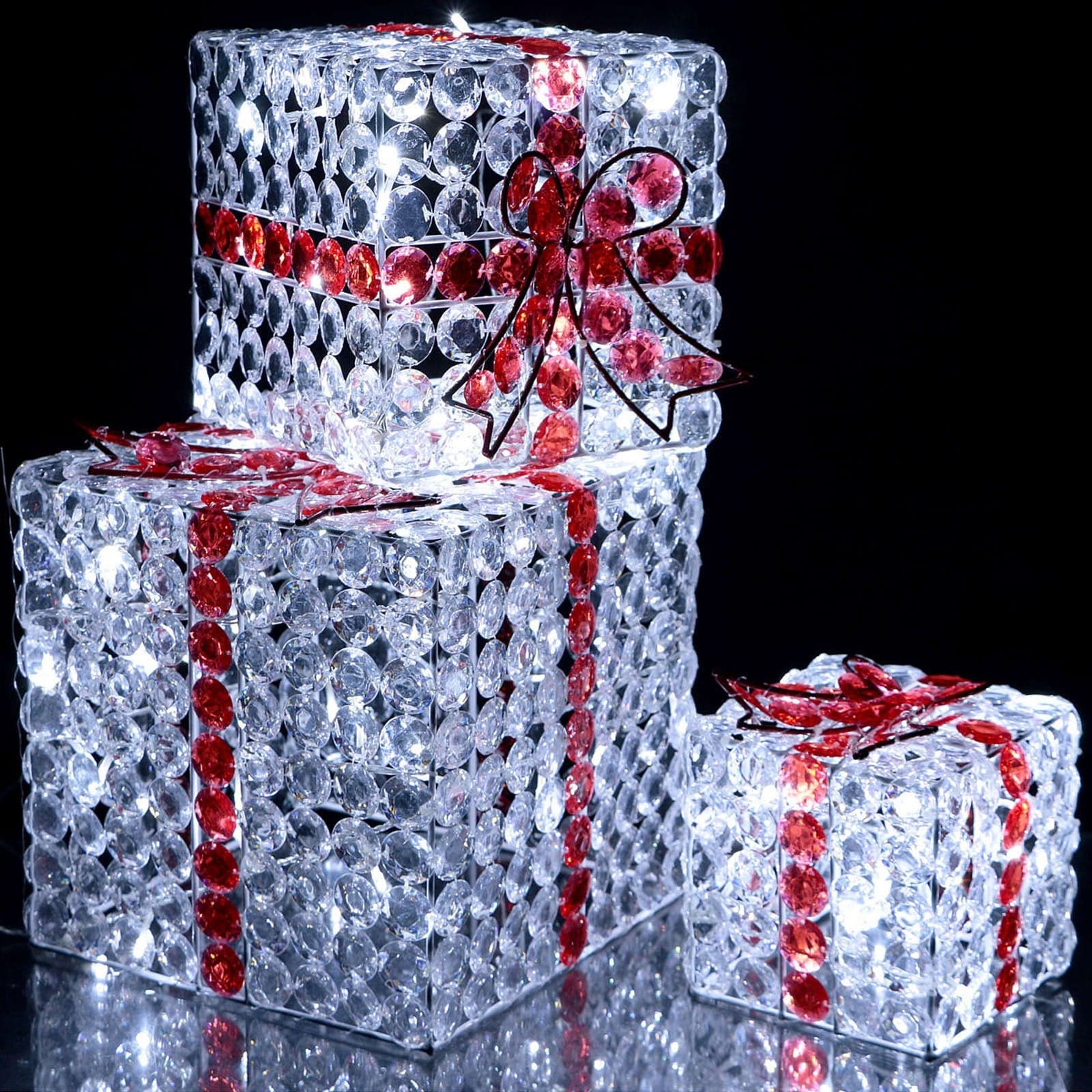 Set 3 pacchi regalo in resina luminoso color ghiaccio e rosso con diamanti uso interno ed esterno - 4