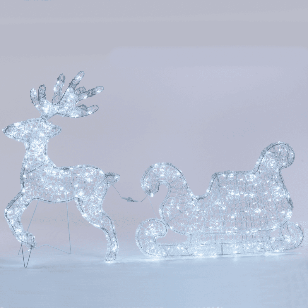 Decorazione natalizia "Renna galoppante con slitta" 3D con led bianco per uso interno ed esterno - 3