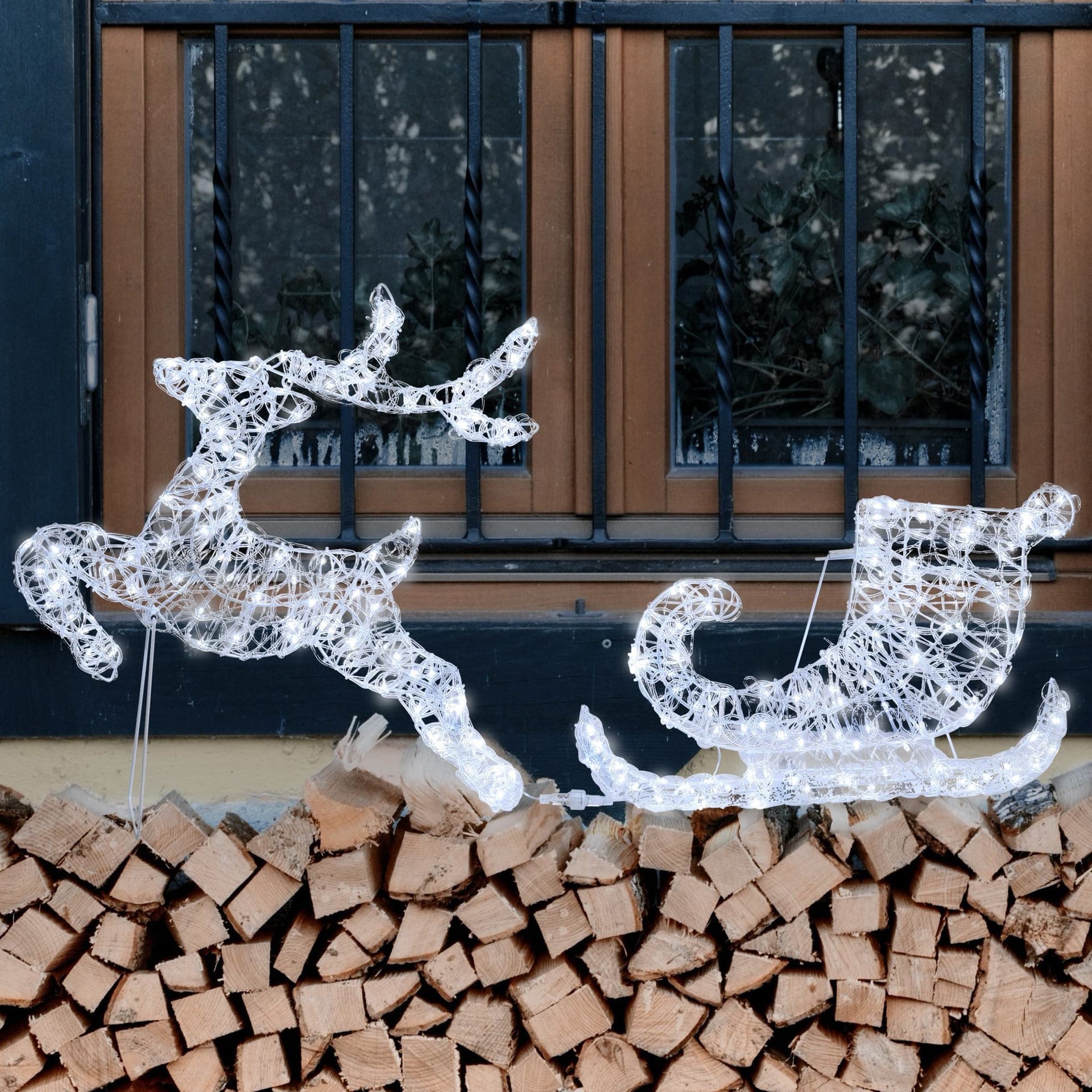 Decorazione natalizia "Renna galoppante con slitta" 2D con gocce led bianco da esterno - 3