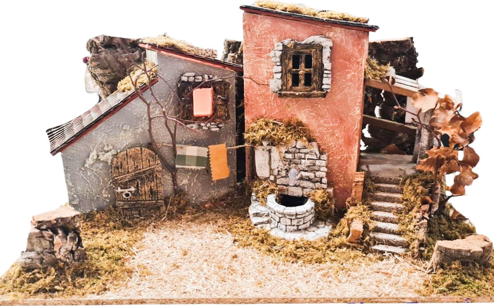 Scenario con Casetta con fontana e luci vuota per presepe natalizio in legno e sughero - 2