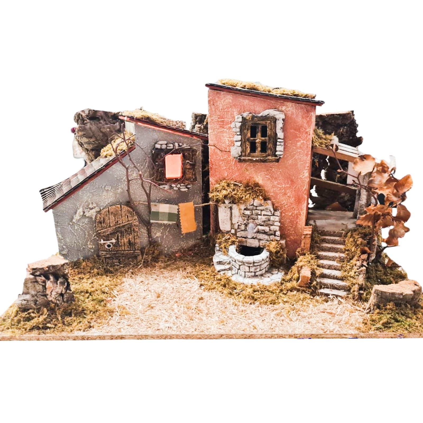 Scenario con Casetta con fontana e luci vuota per presepe natalizio in legno e sughero - 2