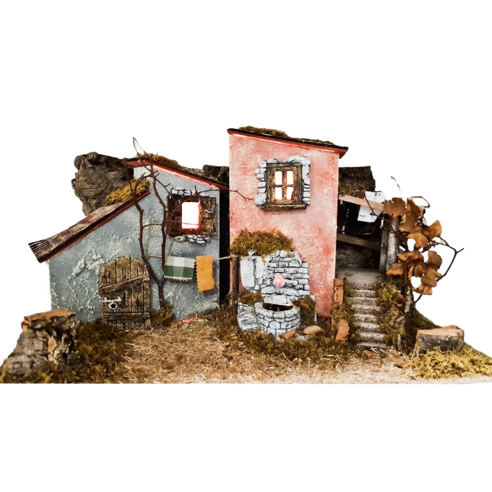 Scenario con Casetta con fontana e luci vuota per presepe natalizio in legno e sughero - 3