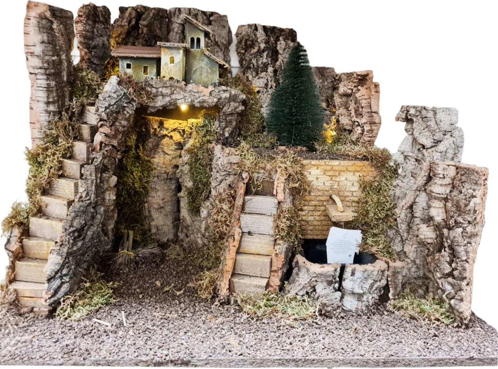 Capanna grotta con fontana e luci vuota per presepe natalizio in legno e sughero - 2