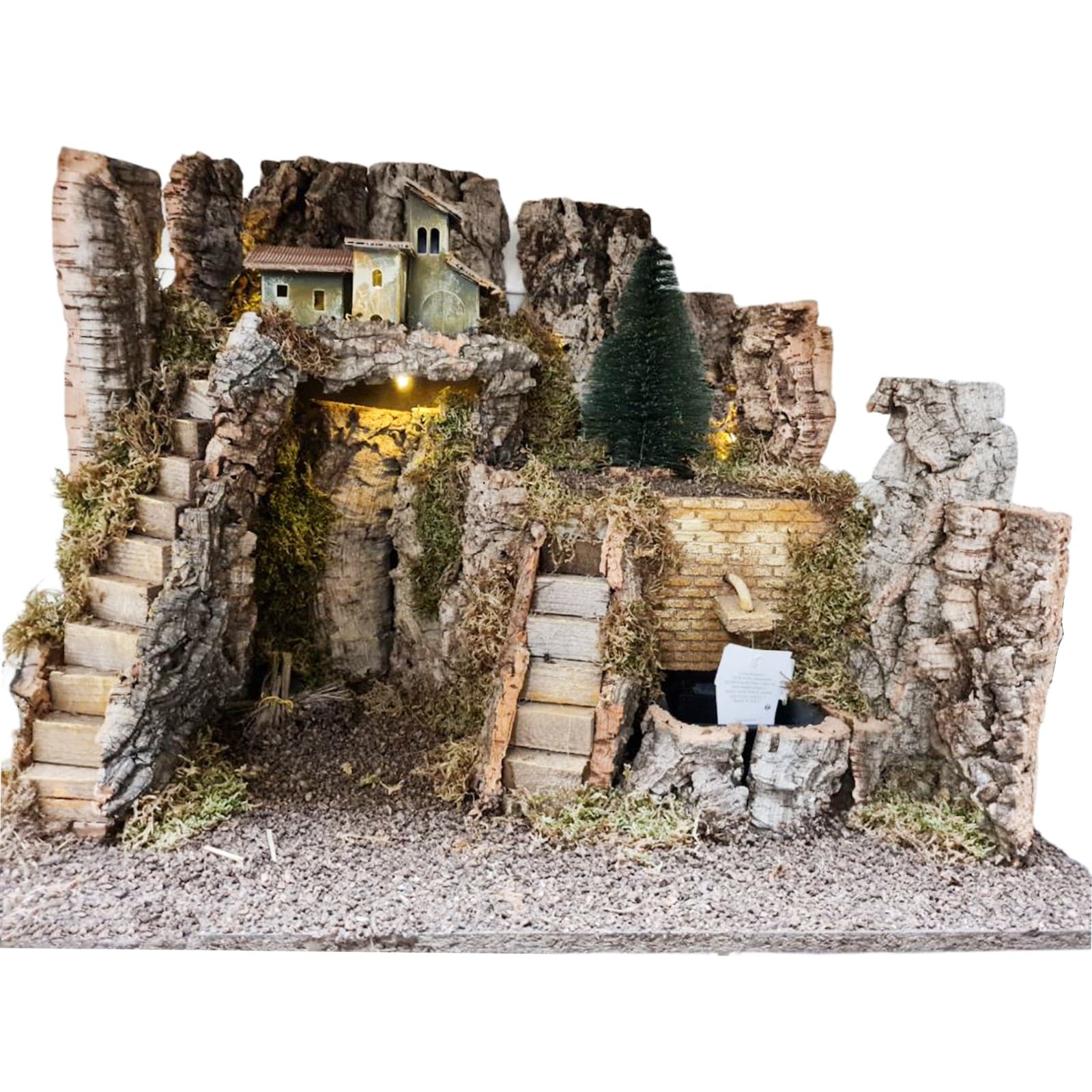Capanna grotta con fontana e luci vuota per presepe natalizio in legno e sughero - 2