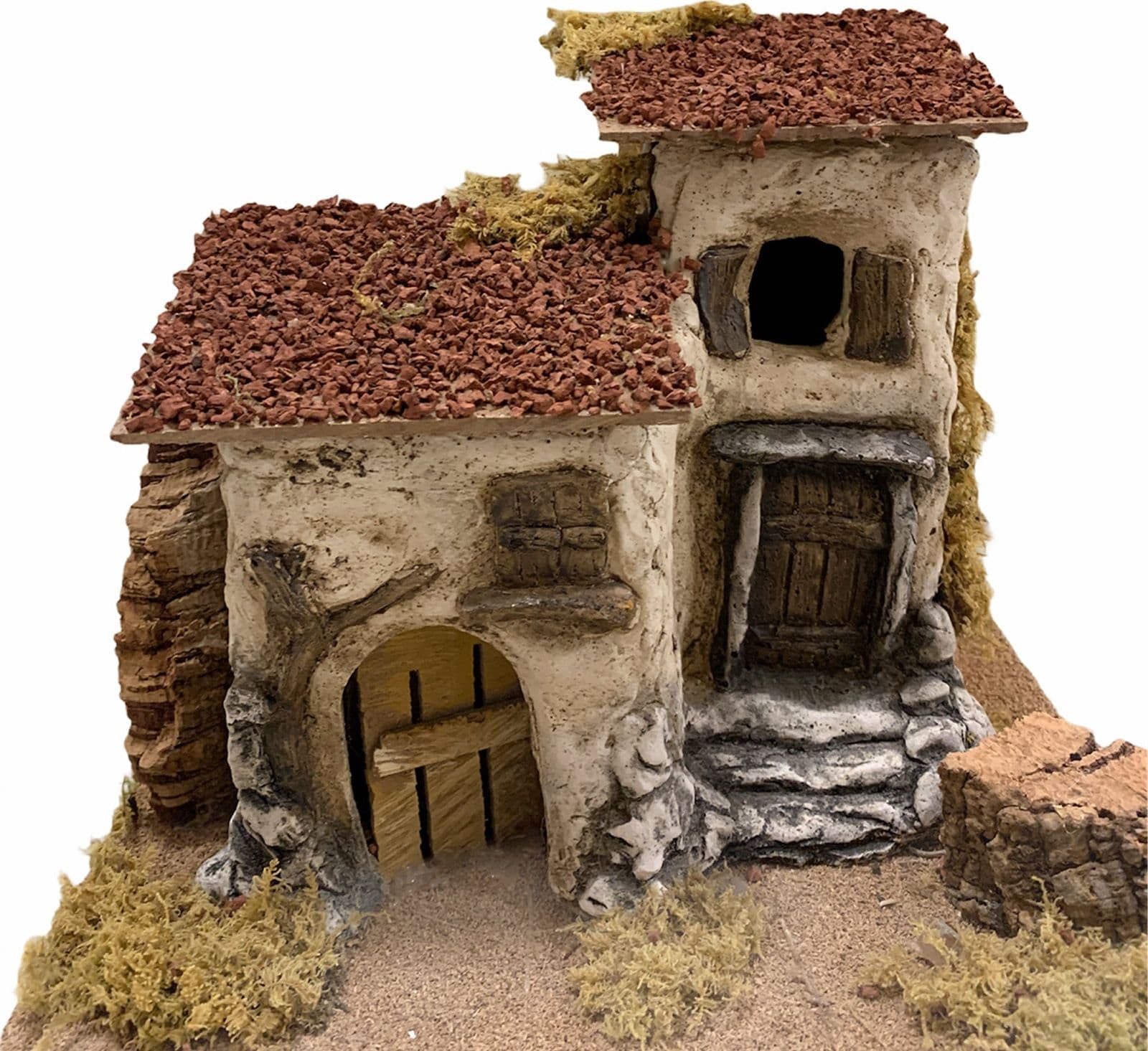 Capanna con scalinate, porte e muschio per presepe natalizio in legno e resina - 2
