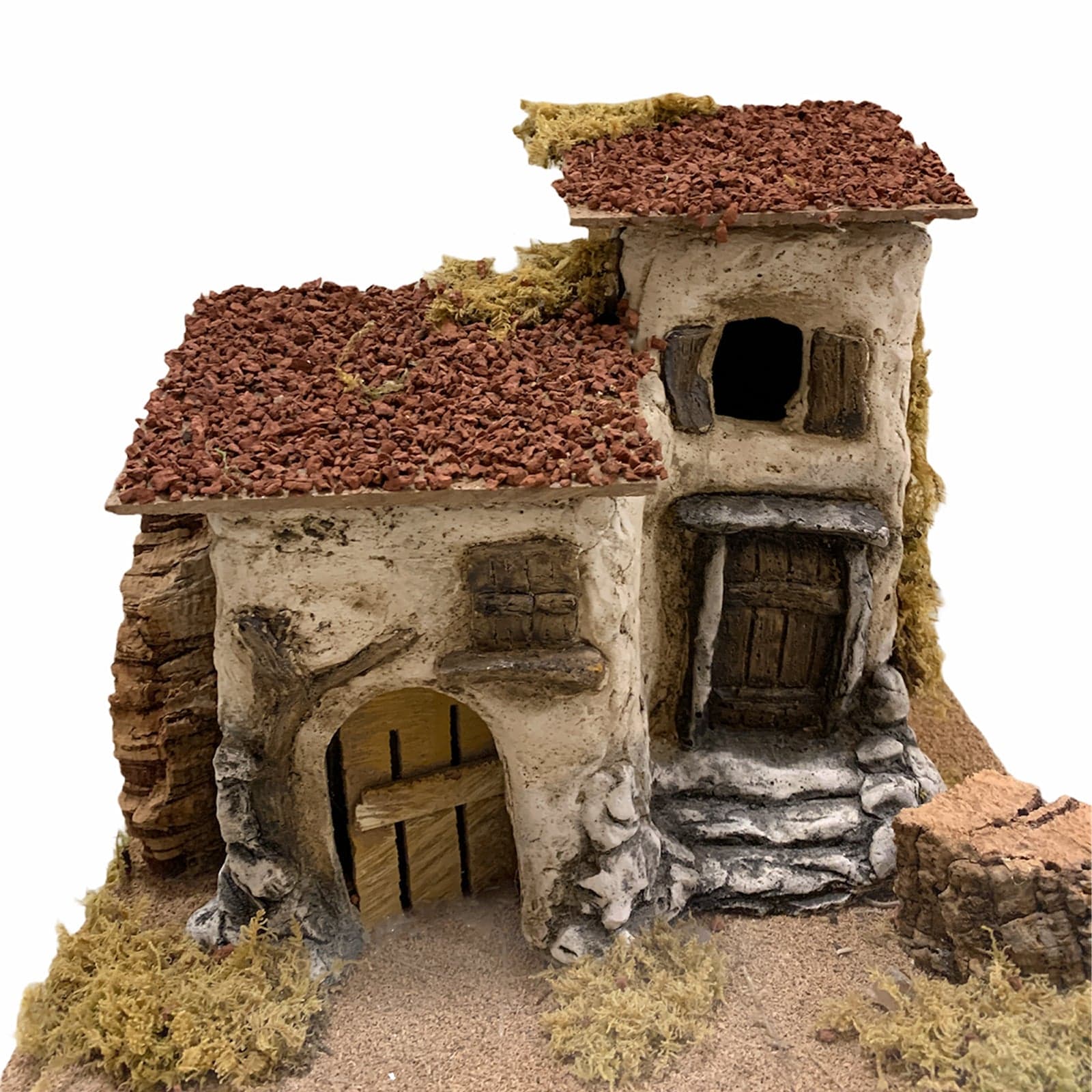 Capanna con scalinate, porte e muschio per presepe natalizio in legno e resina - 2