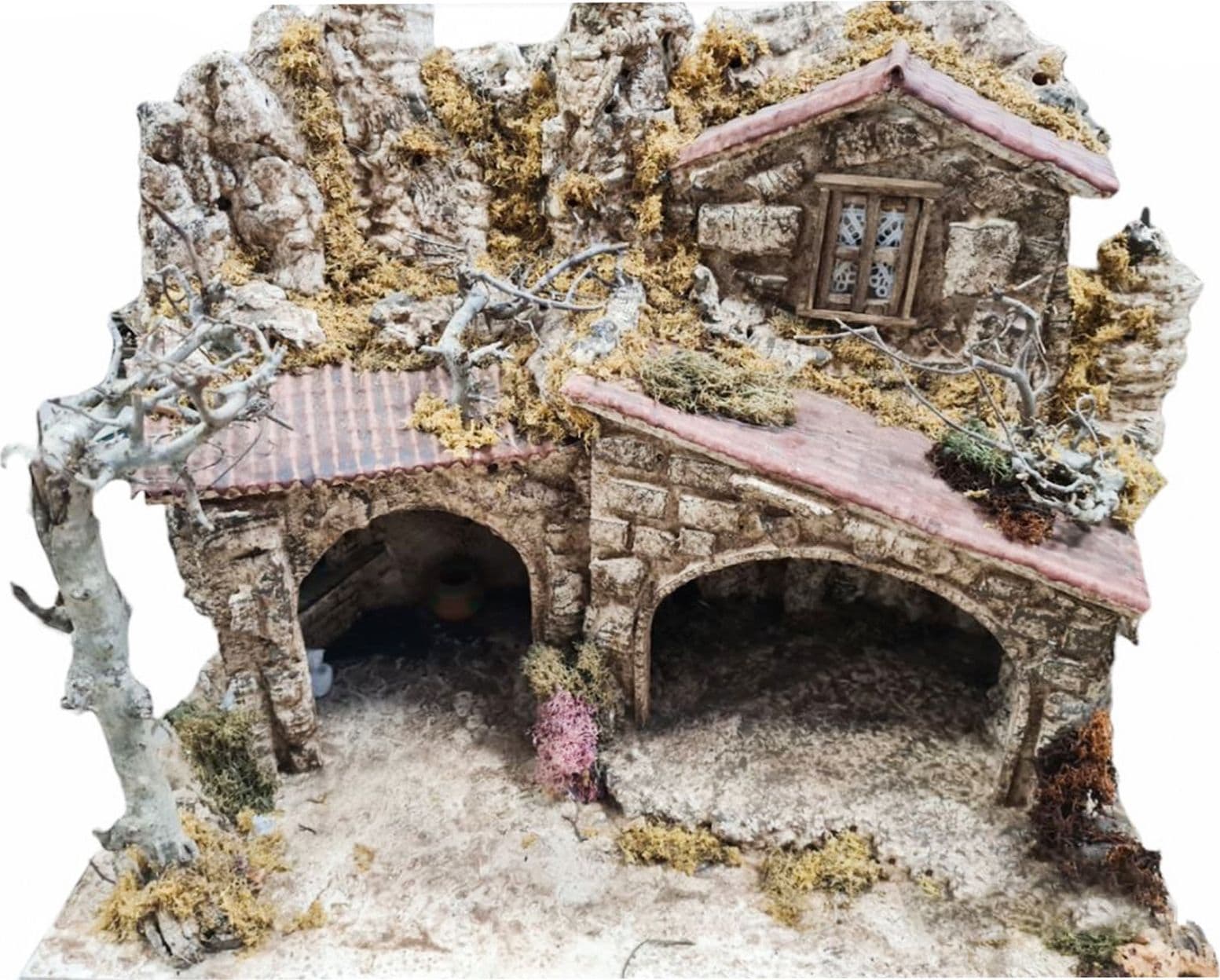 Capanna grotta con archi vuota in legno per presepe natalizio in legno e sughero - 2