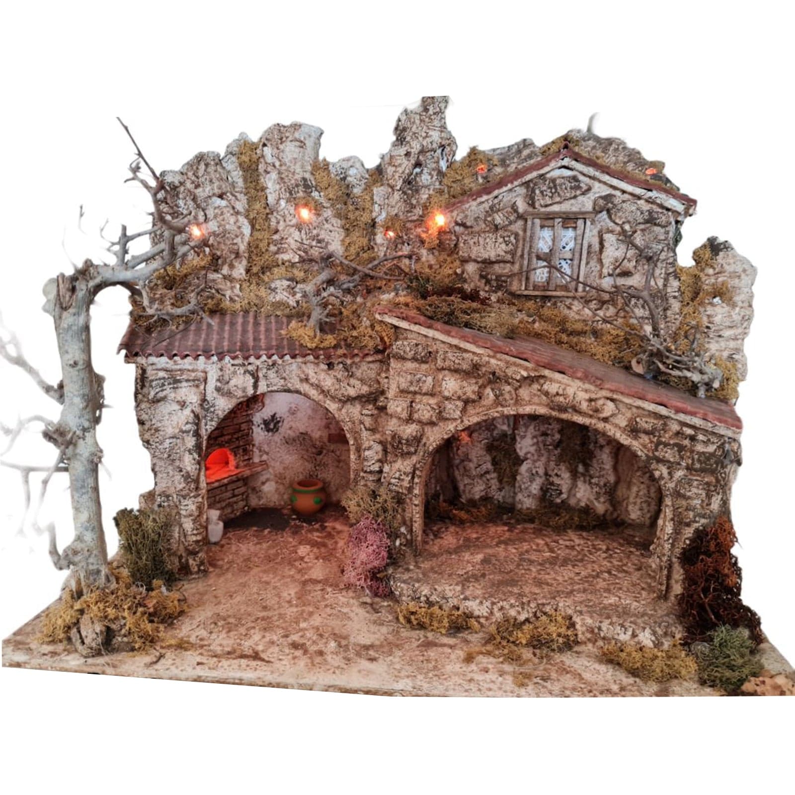 Capanna grotta con archi vuota in legno per presepe natalizio in legno e sughero - 3