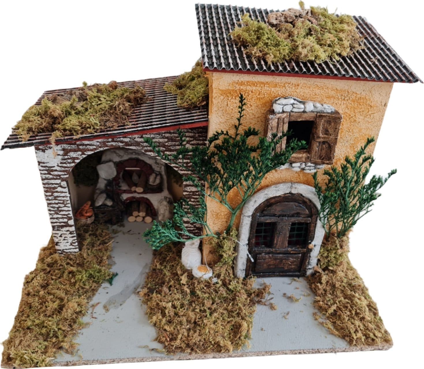 Capanna vuota con muschio esterno, finestra, fuoco e luci per presepe 42 x 31 x 34 cm - 3