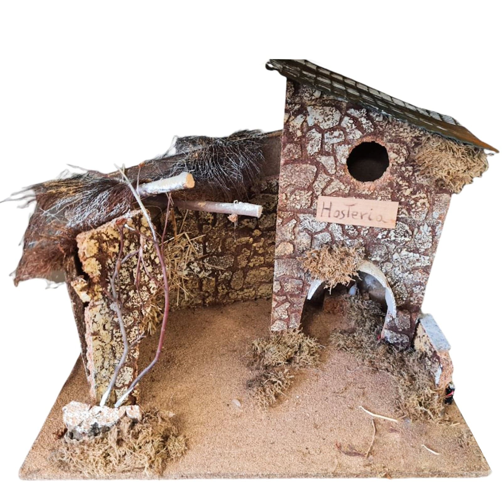 Capanna "Hosteria" grotta vuota in sughero paesaggio con fuoco per presepe - 2