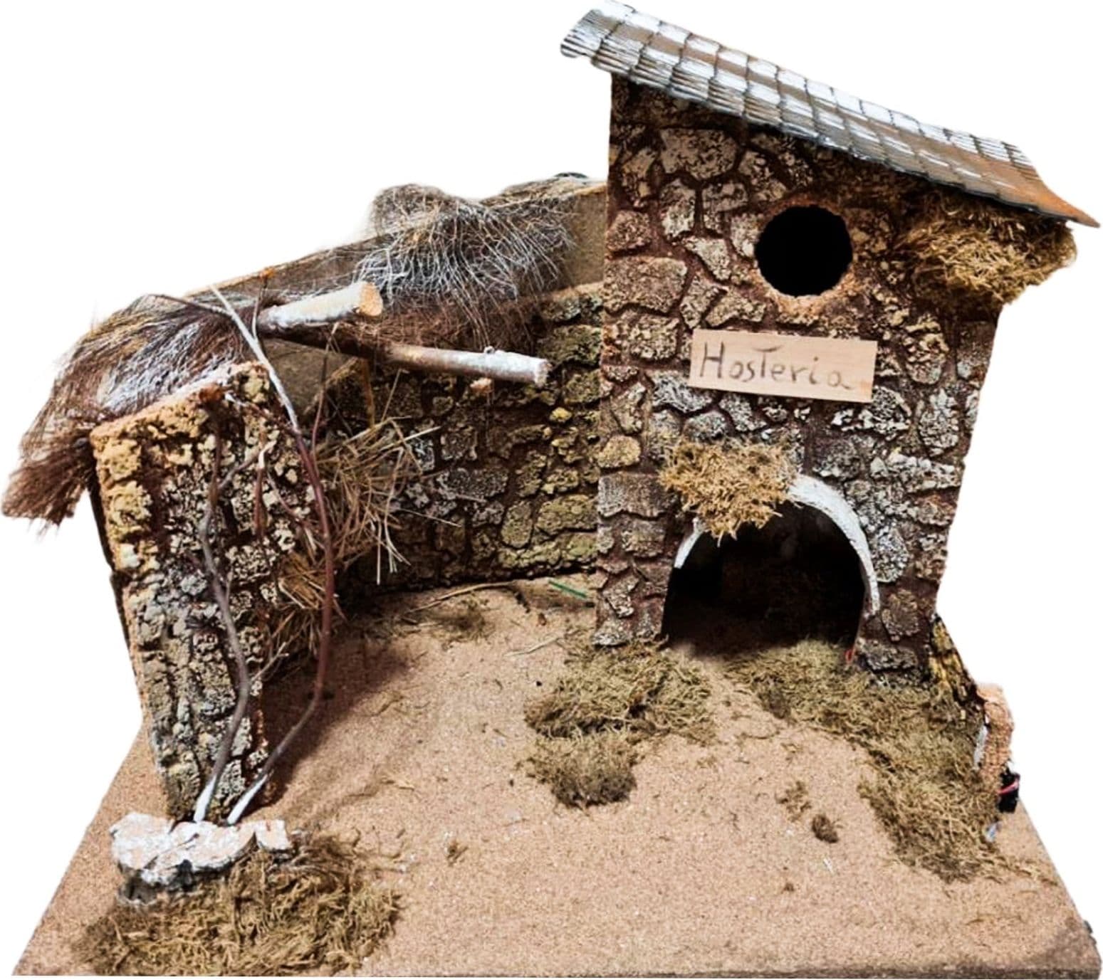 Capanna "Hosteria" grotta vuota in sughero paesaggio con fuoco per presepe - 3