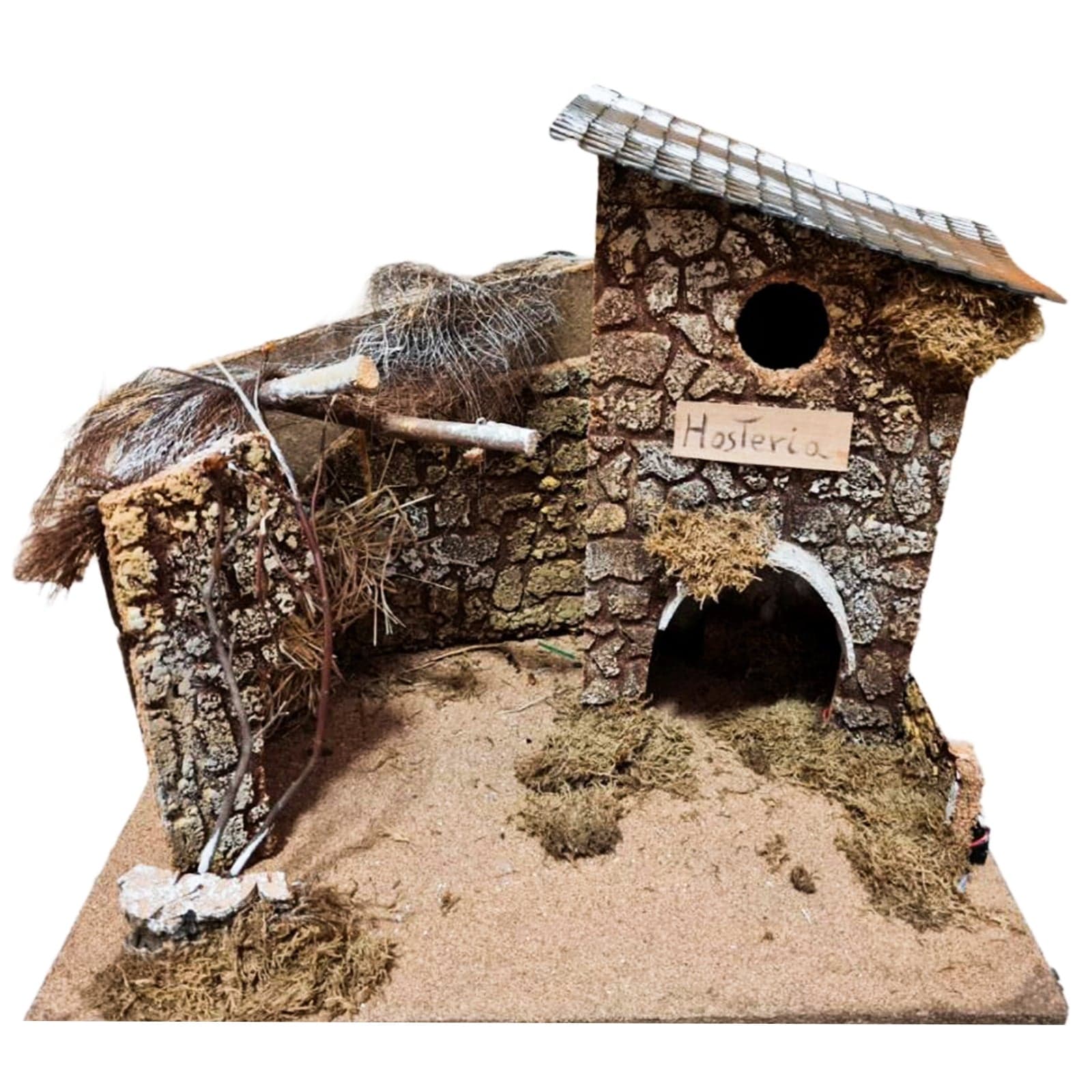 Capanna "Hosteria" grotta vuota in sughero paesaggio con fuoco per presepe - 3