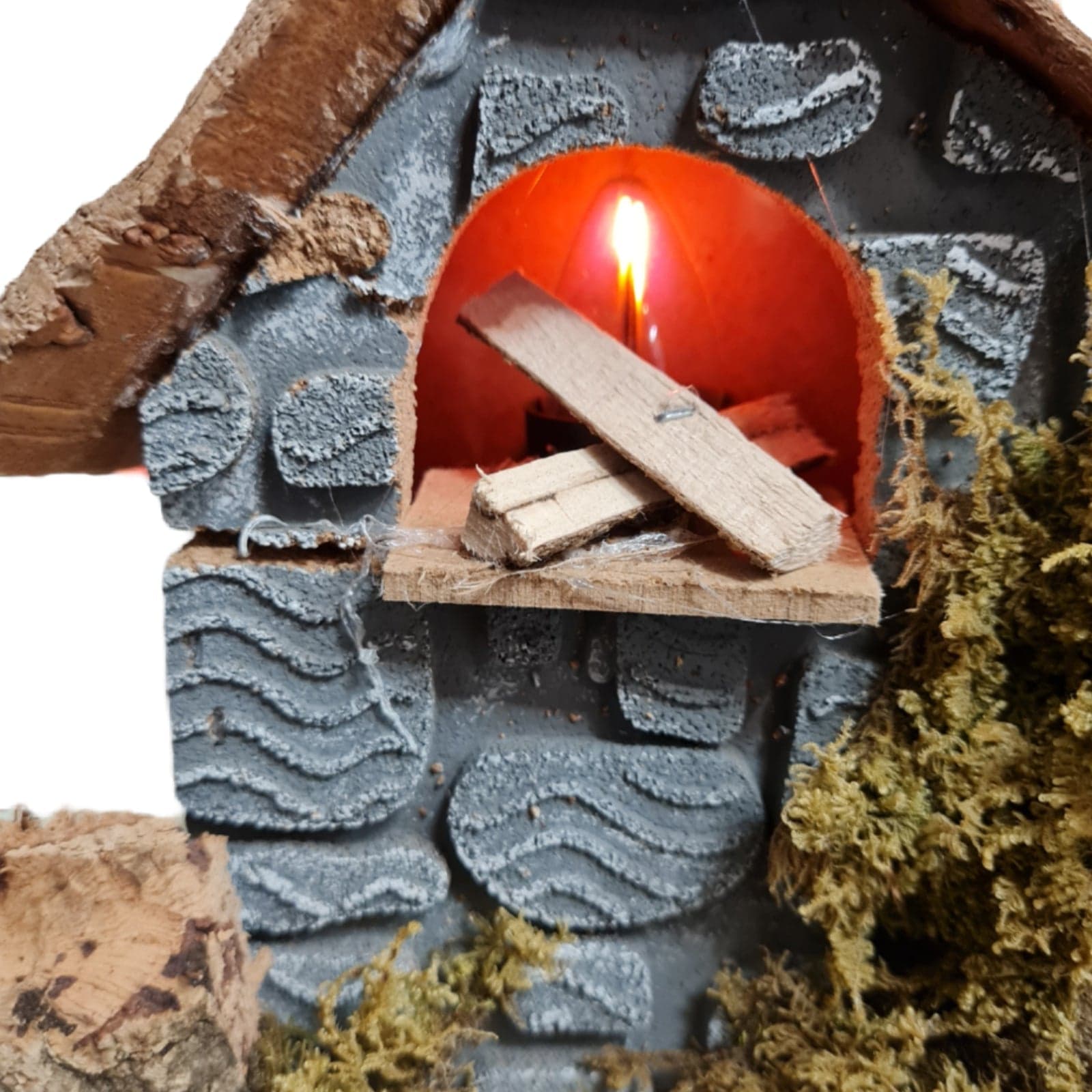 Forno o legna per presepe in sughero con lampada effetto fiamma h 15 cm - 2