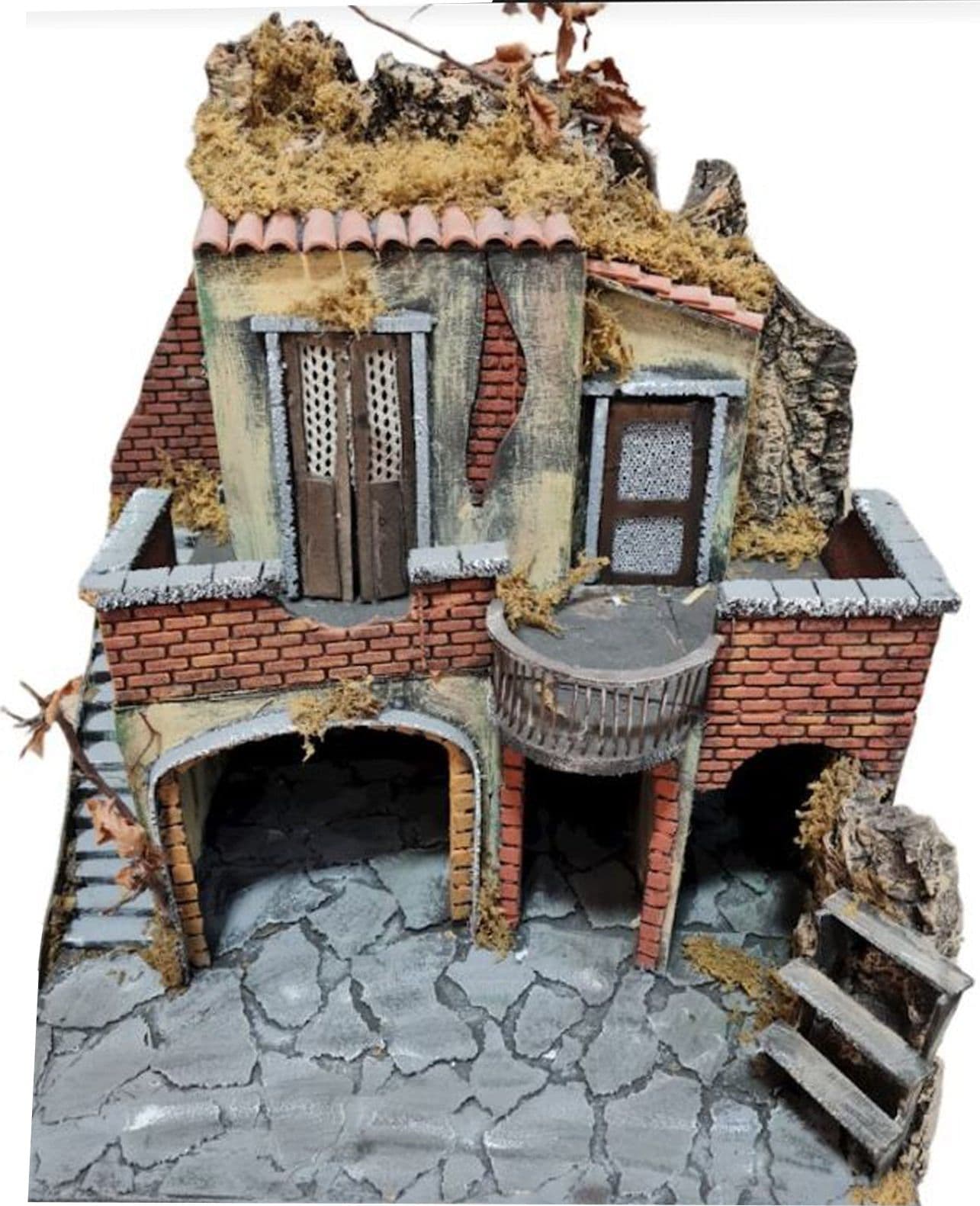 Capanna grotta vuota in legno presepe Paesaggio con grotta, scale e terrazzino per natività e presepe natalizio - 2