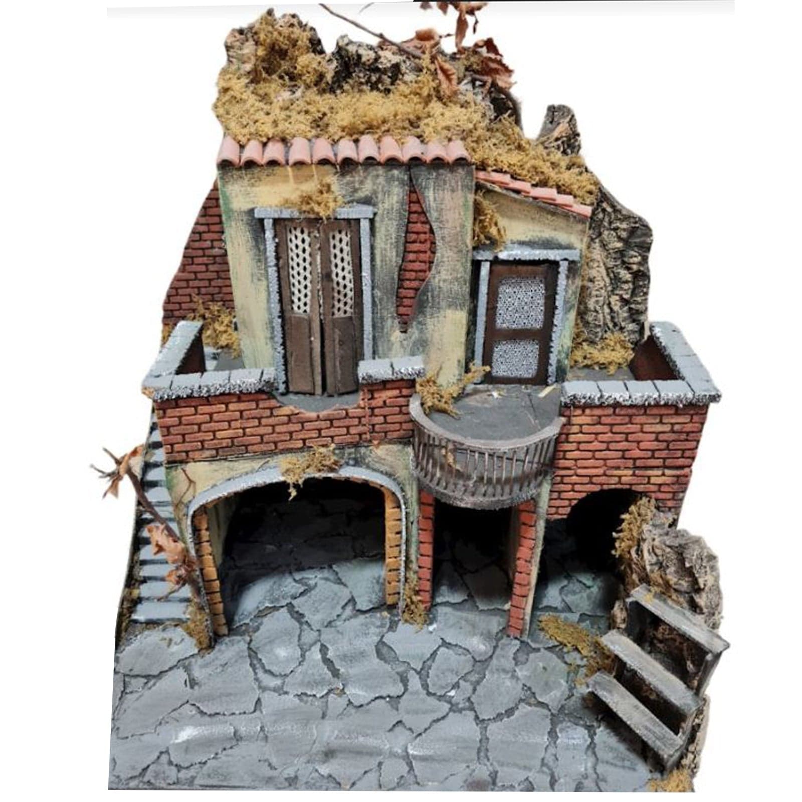 Capanna grotta vuota in legno presepe Paesaggio con grotta, scale e terrazzino per natività e presepe natalizio - 2
