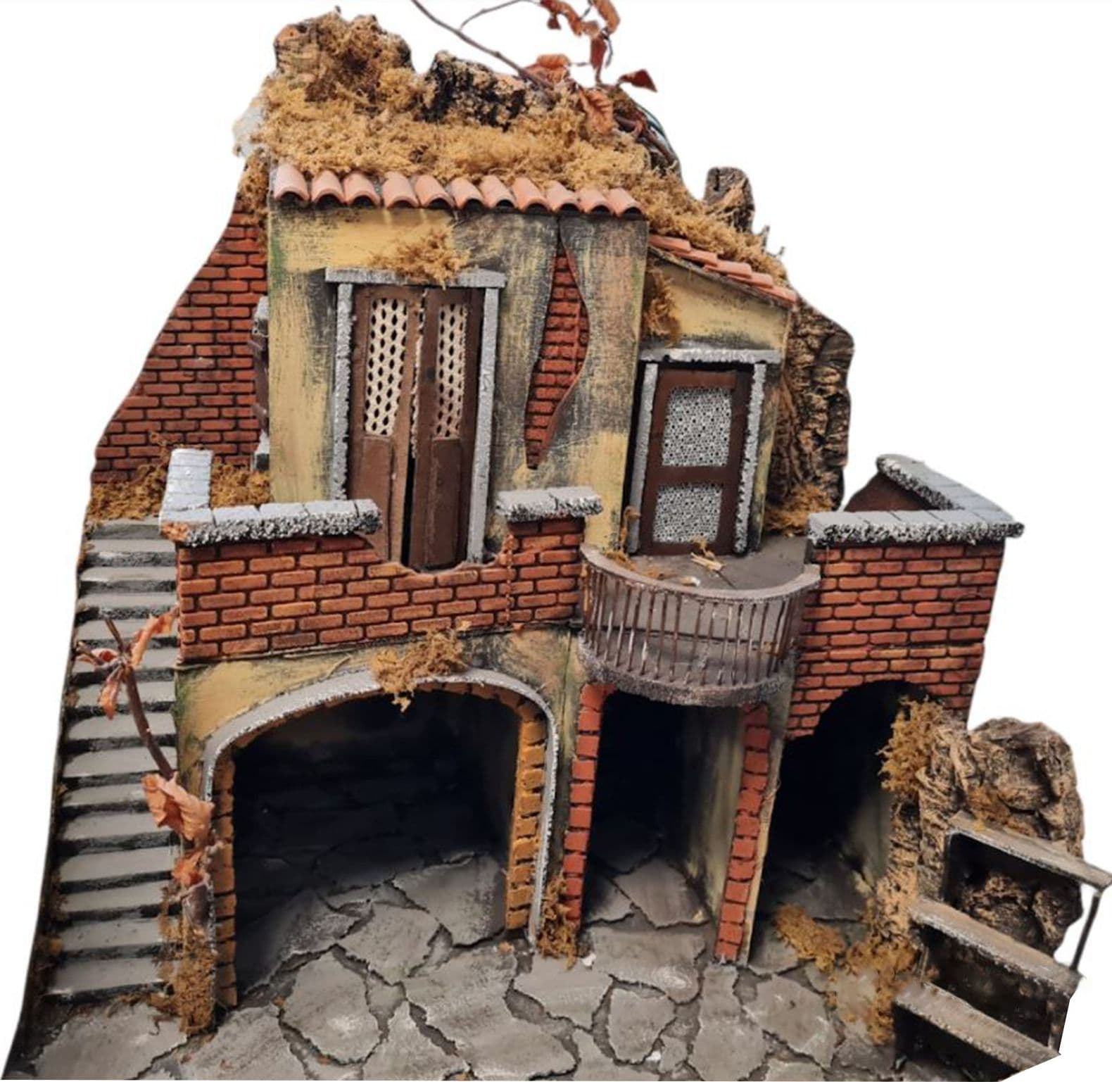 Capanna grotta vuota in legno presepe Paesaggio con grotta, scale e terrazzino per natività e presepe natalizio - 3