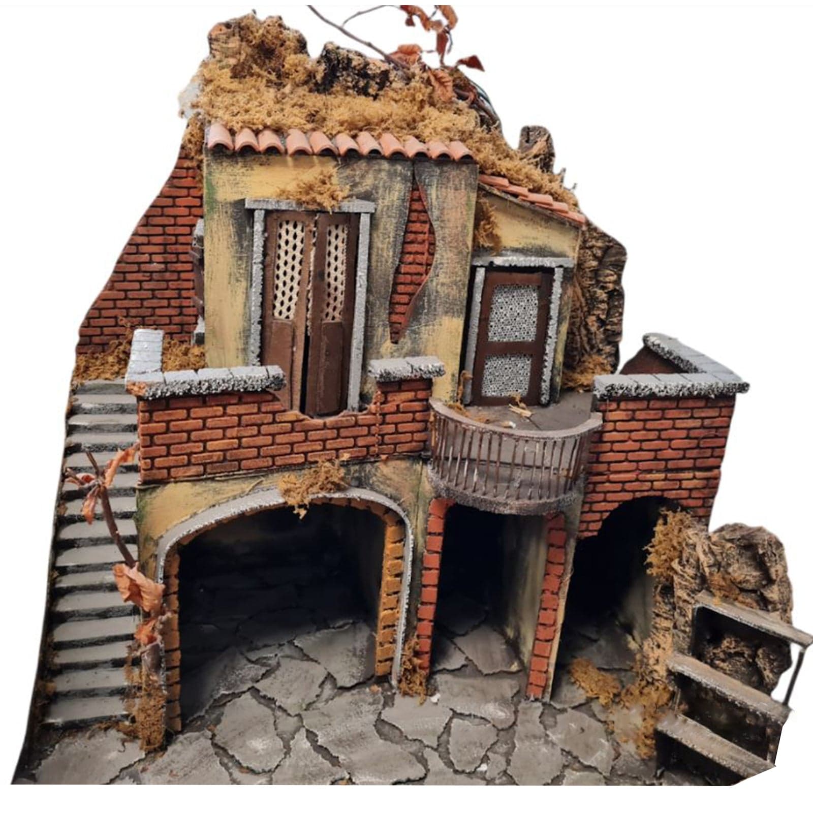 Capanna grotta vuota in legno presepe Paesaggio con grotta, scale e terrazzino per natività e presepe natalizio - 3