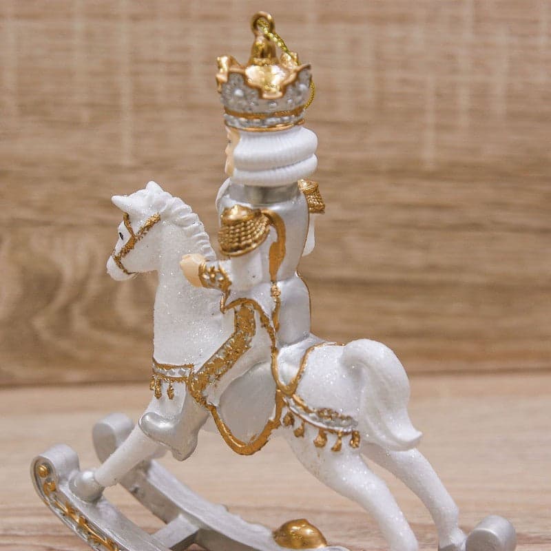Statuetta Soldatino con cavallo a dondolo, in poliresina bianco e oro h 42 cm - 4