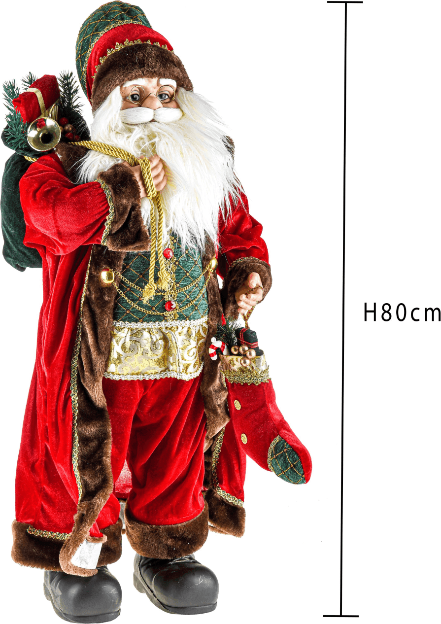 Babbo Natale con gilet verde e calza natalizia, barba folta e bianca, decorazione da 80 cm - 2