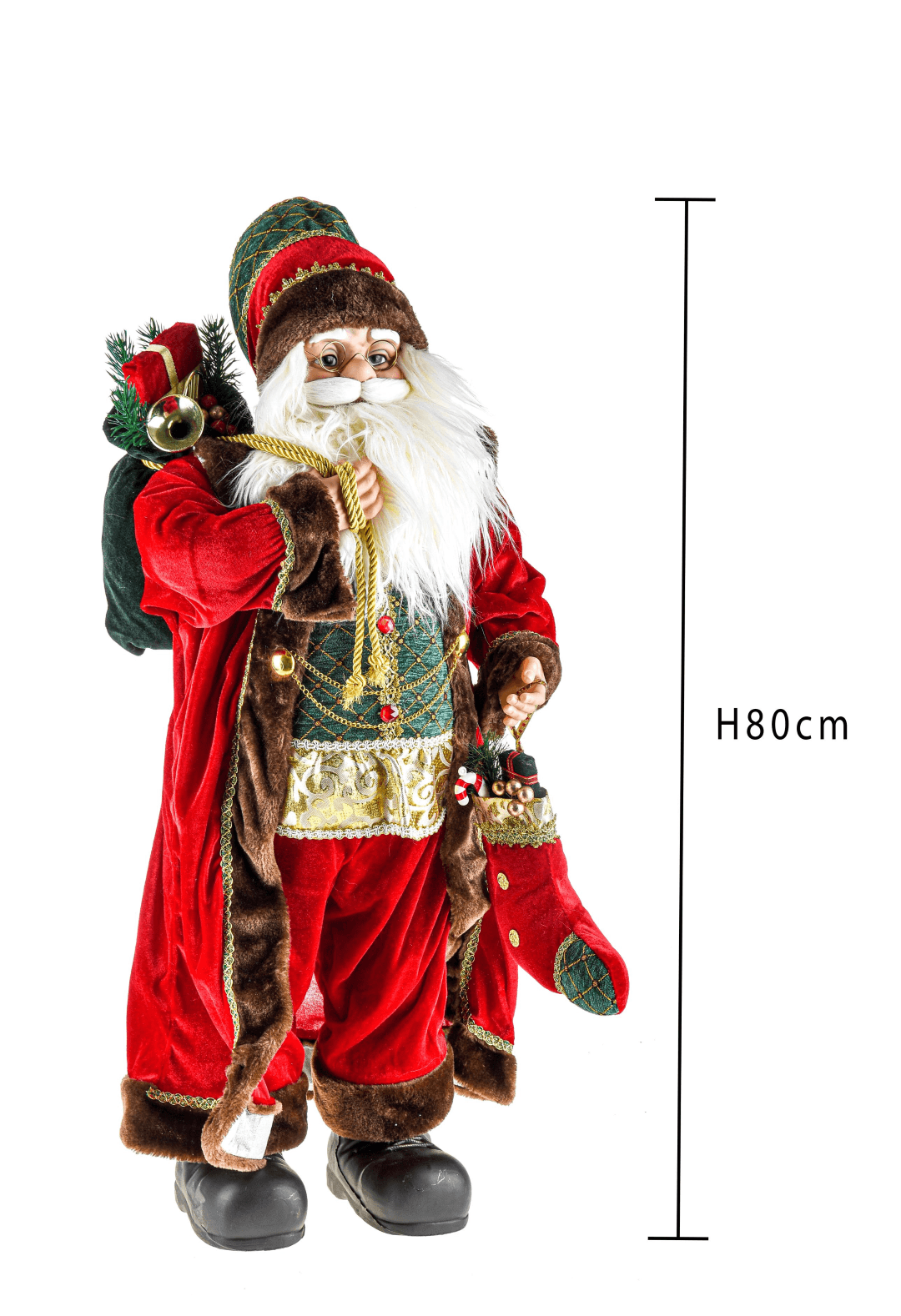 Babbo Natale con gilet verde e calza natalizia, barba folta e bianca, decorazione da 80 cm - 2