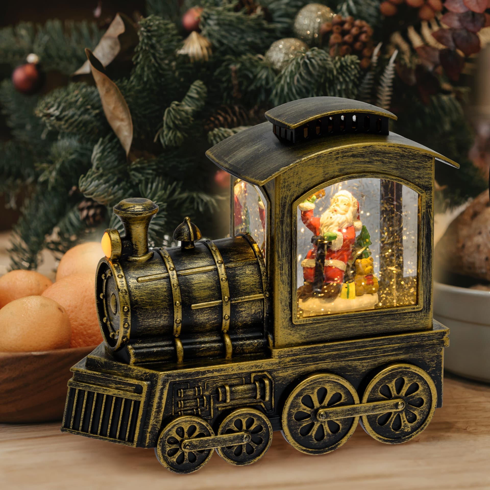 Locomotiva Babbo Natale con glitter led trenino natalizio in plastica marrone 16 cm decorazione natalizia - 2