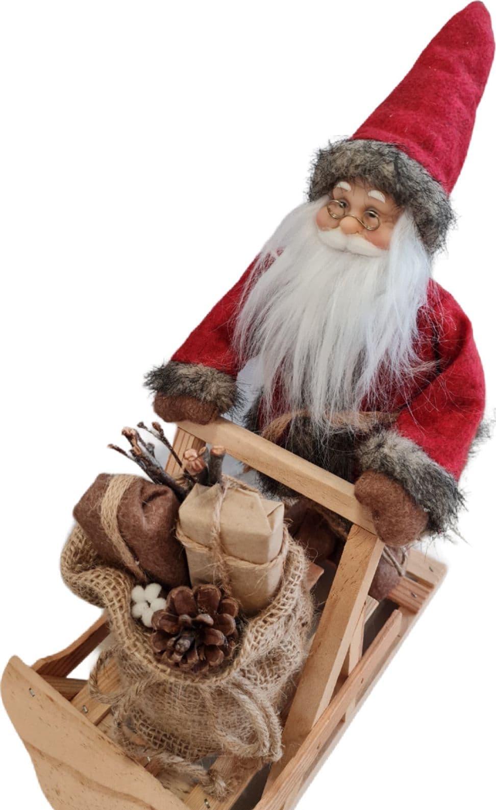 Pupazzo Babbo Natale con slitta in legno ed abiti in tessuto h 40 cm - 2