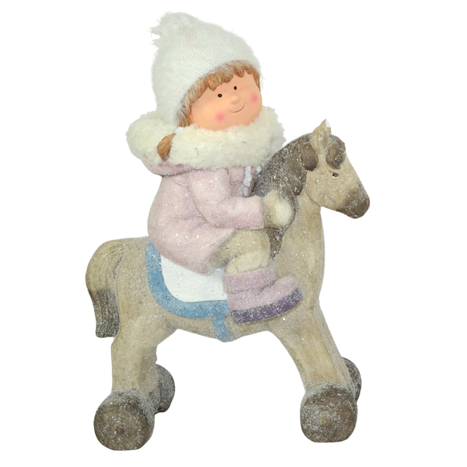 Bimbo con cappello in lana su cavalluccio decorazione natalizia in poliresina h 50 cm - 2