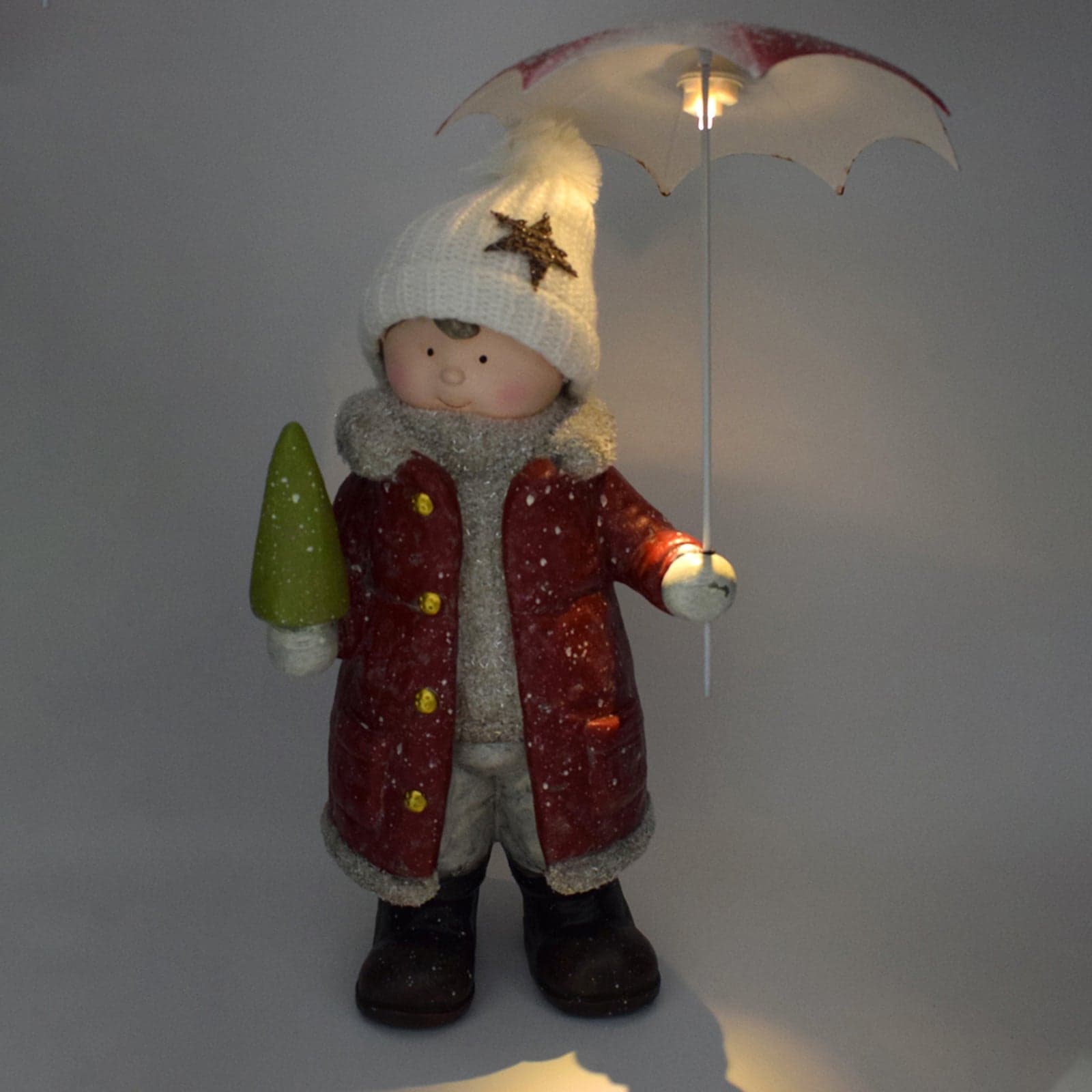 Bimbo con cappello in lana ed ombrello a led decorazione natalizia in poli-resina h 50 cm - 2