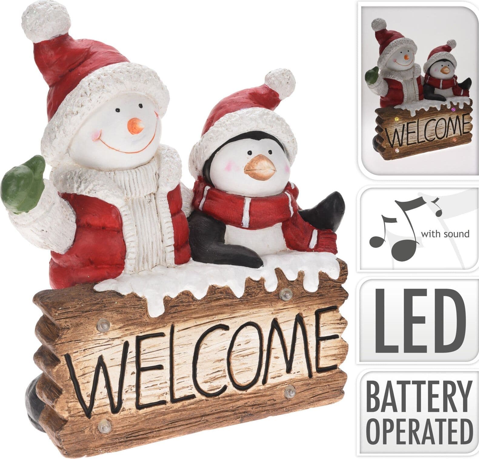 Statua Natalizia Welcome con Pinguino in poliresina decorazione con led h 50 cm - 2