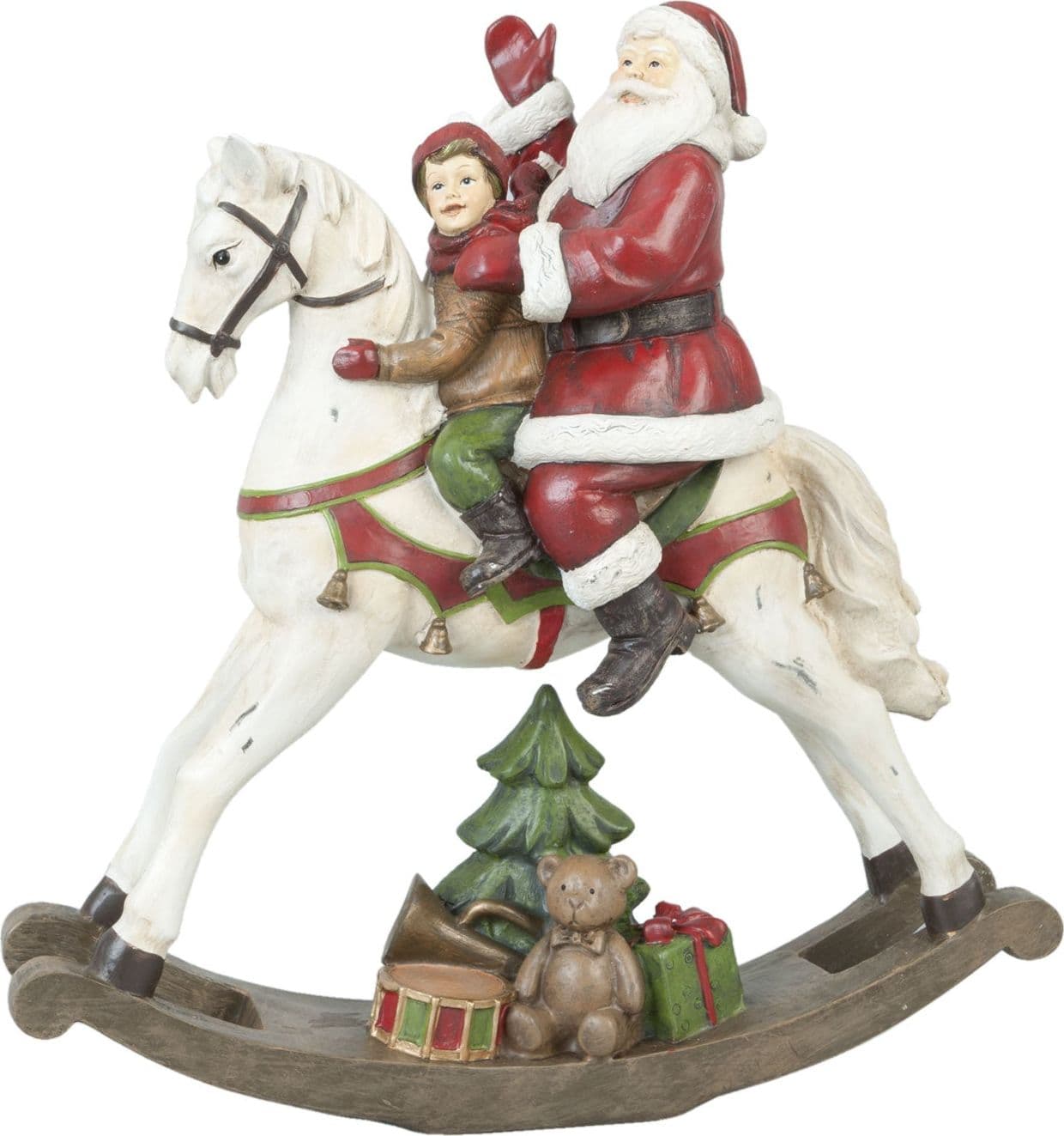 Statuetta Cavallo a dondolo con Babbo Natale colori natalizi in poli-resina Storia Dino Bianchi - 2
