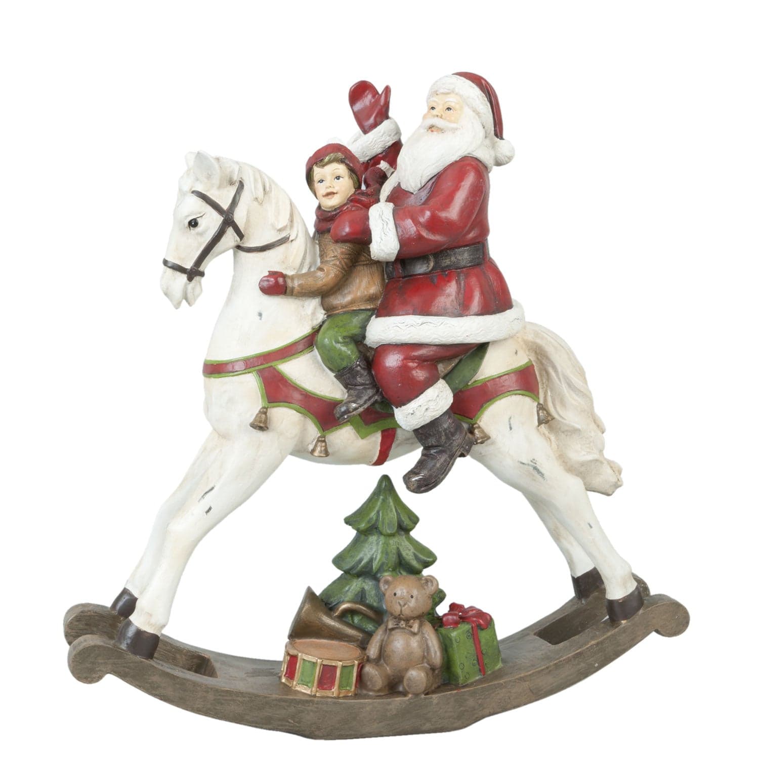 Statuetta Cavallo a dondolo con Babbo Natale colori natalizi in poli-resina Storia Dino Bianchi - 2