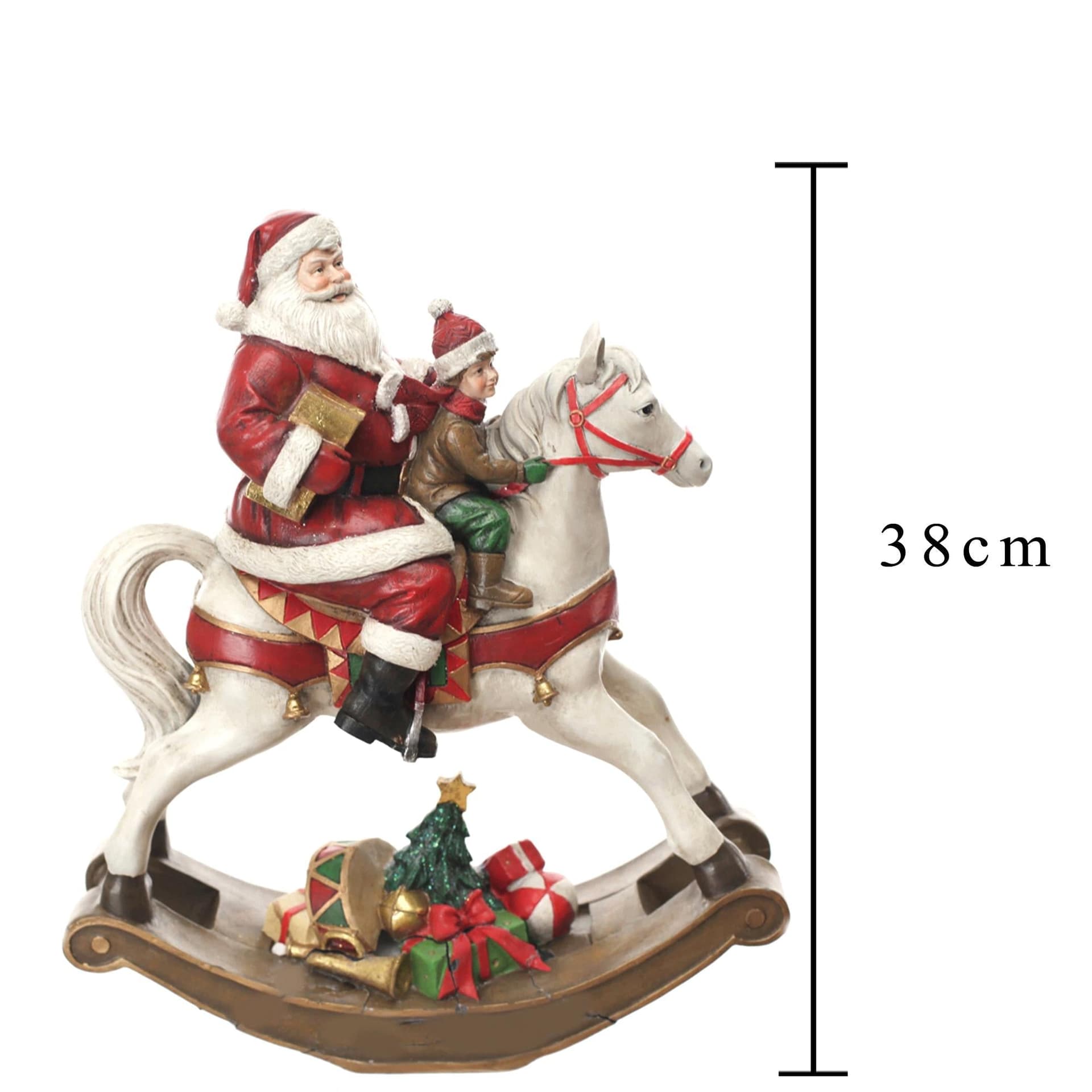 Statuetta Cavallo a dondolo con Babbo Natale colori natalizi in poli-resina Storia Dino Bianchi - 3