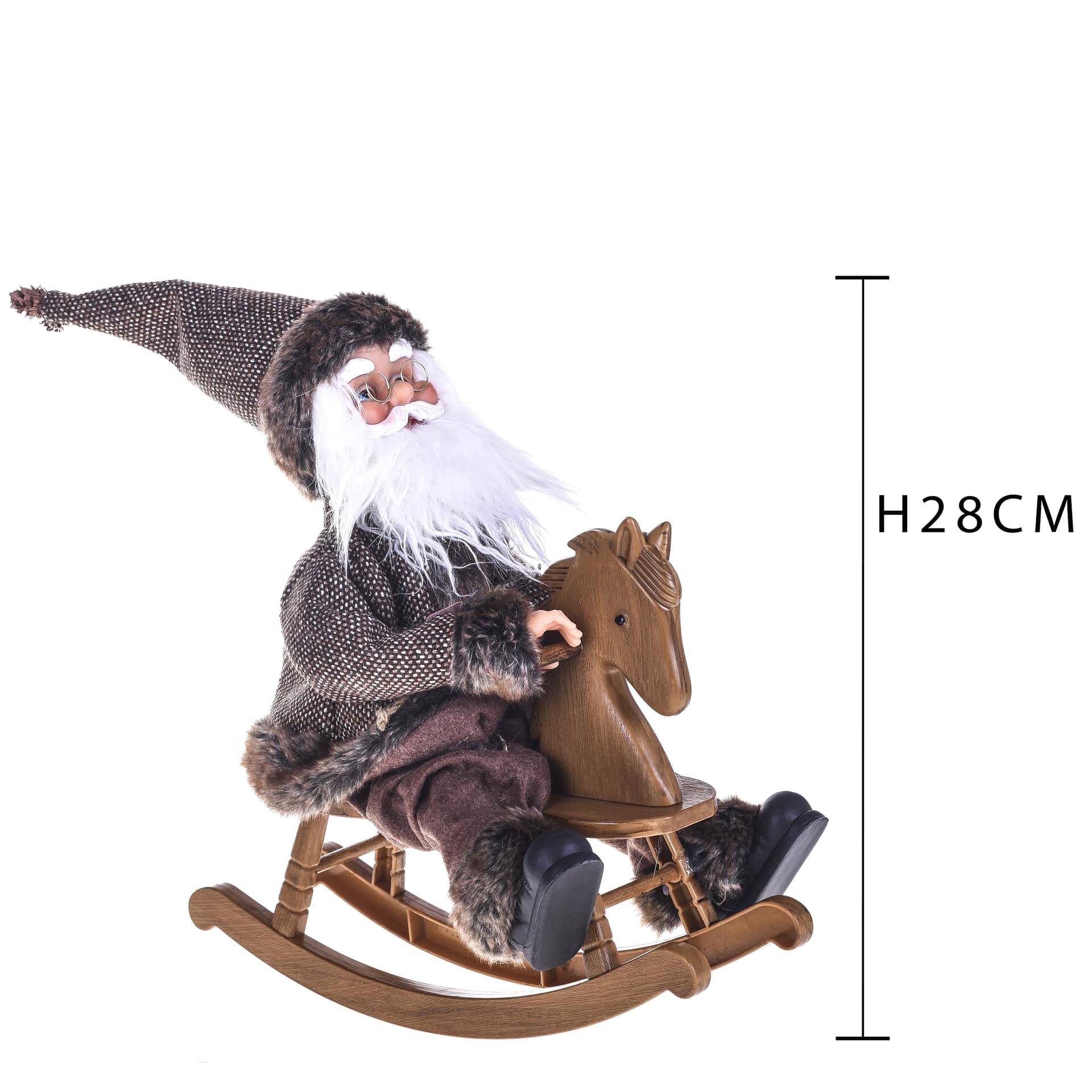 Babbo Natale pupazzo con Cavallo a dondolo in movimento e musica vestito Marrone h 28 cm - 2