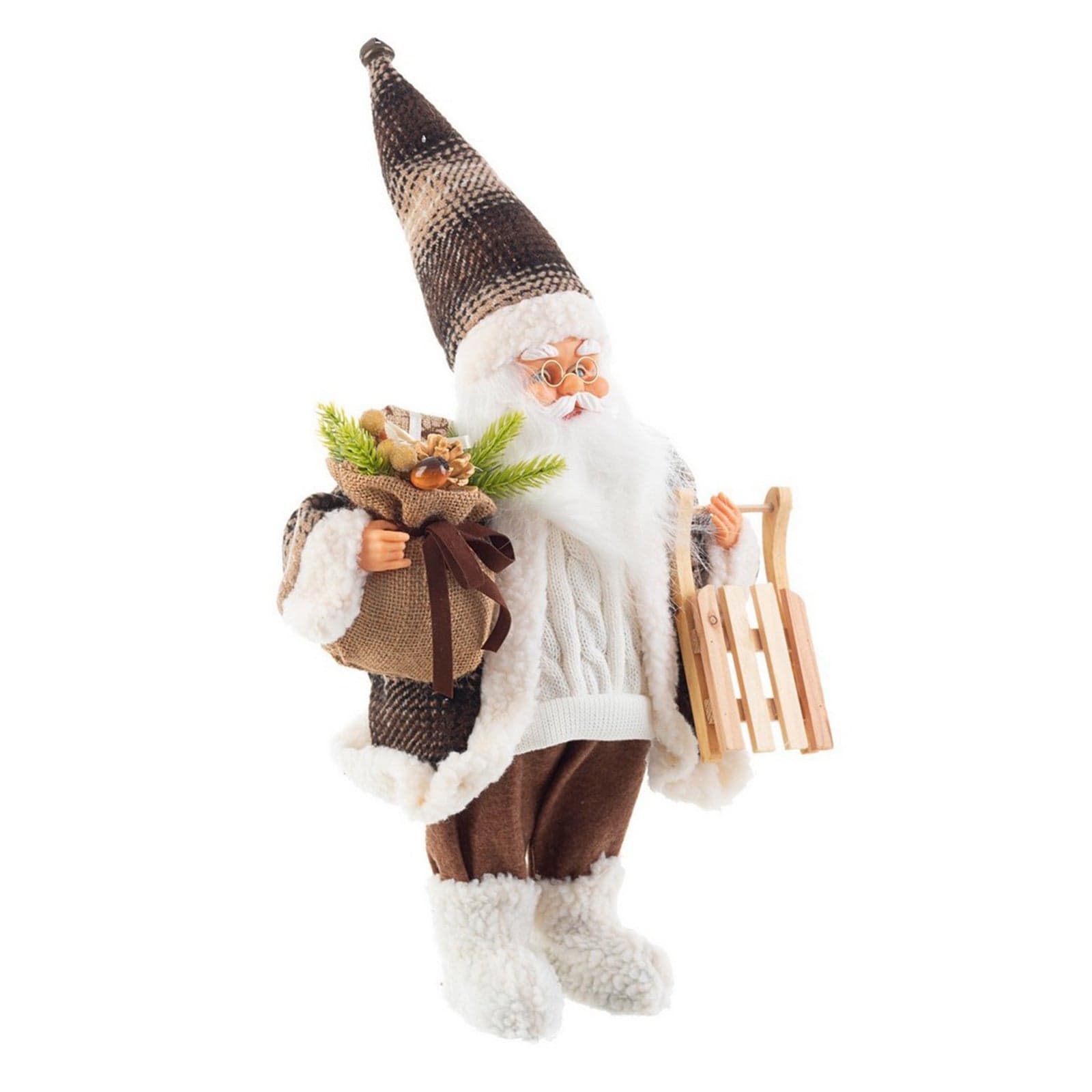 Pupazzo Babbo Natale "Highlander" con sacchetto, slitta e vestito marrone - 2